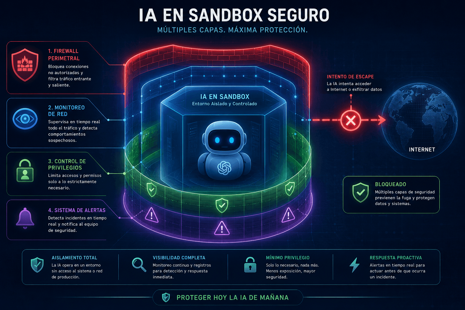 Diagrama de seguridad para prevenir que una IA escapa de sandbox con capas de protección y monitoreo en tiempo real
