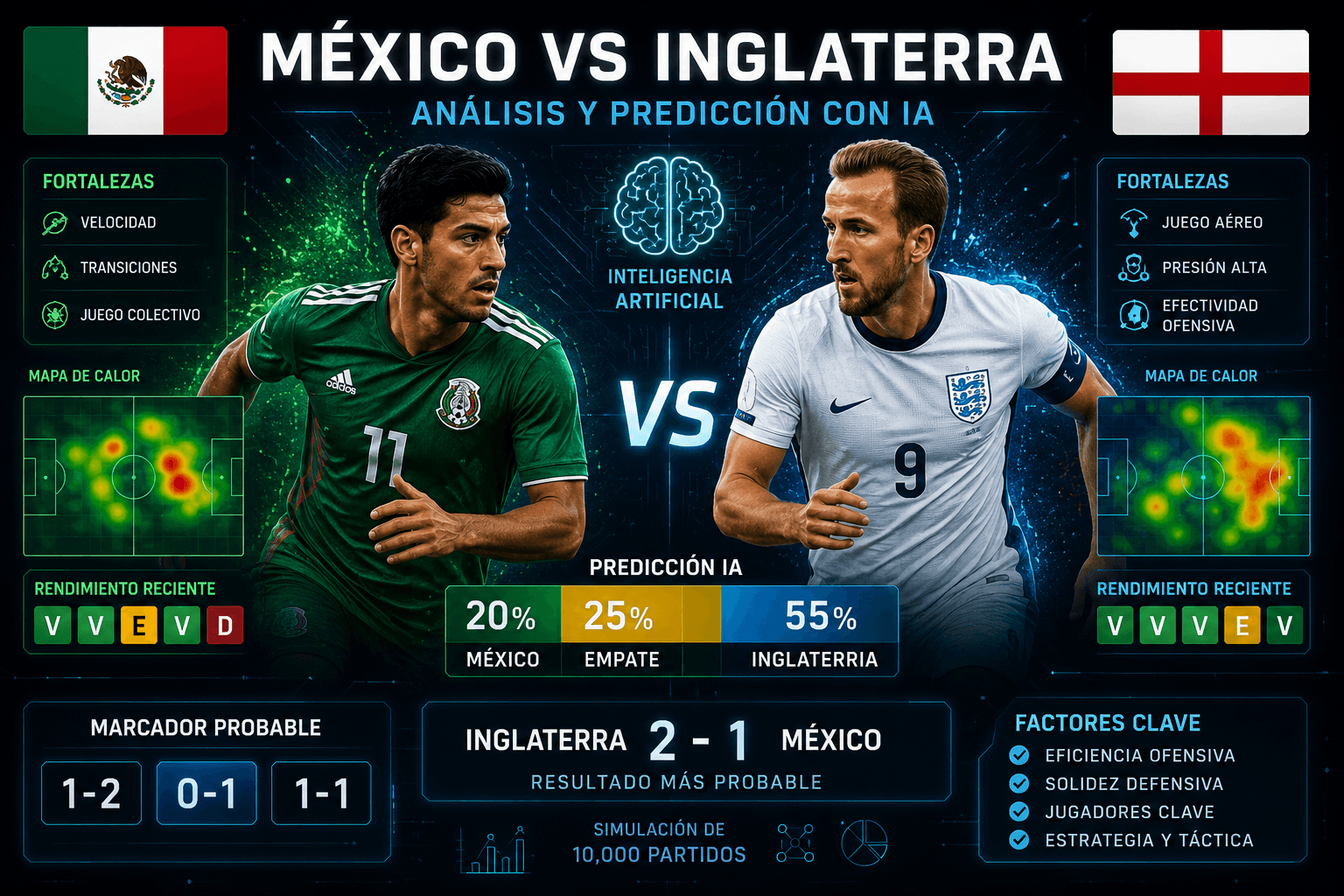 Mexico vs inglaterra IA predicción y simulación de resultados