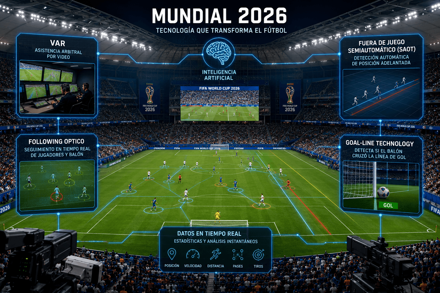 tecnología en el fútbol Mundial 2026 mostrando VAR, tracking, SAOT y Goal-Line Technology